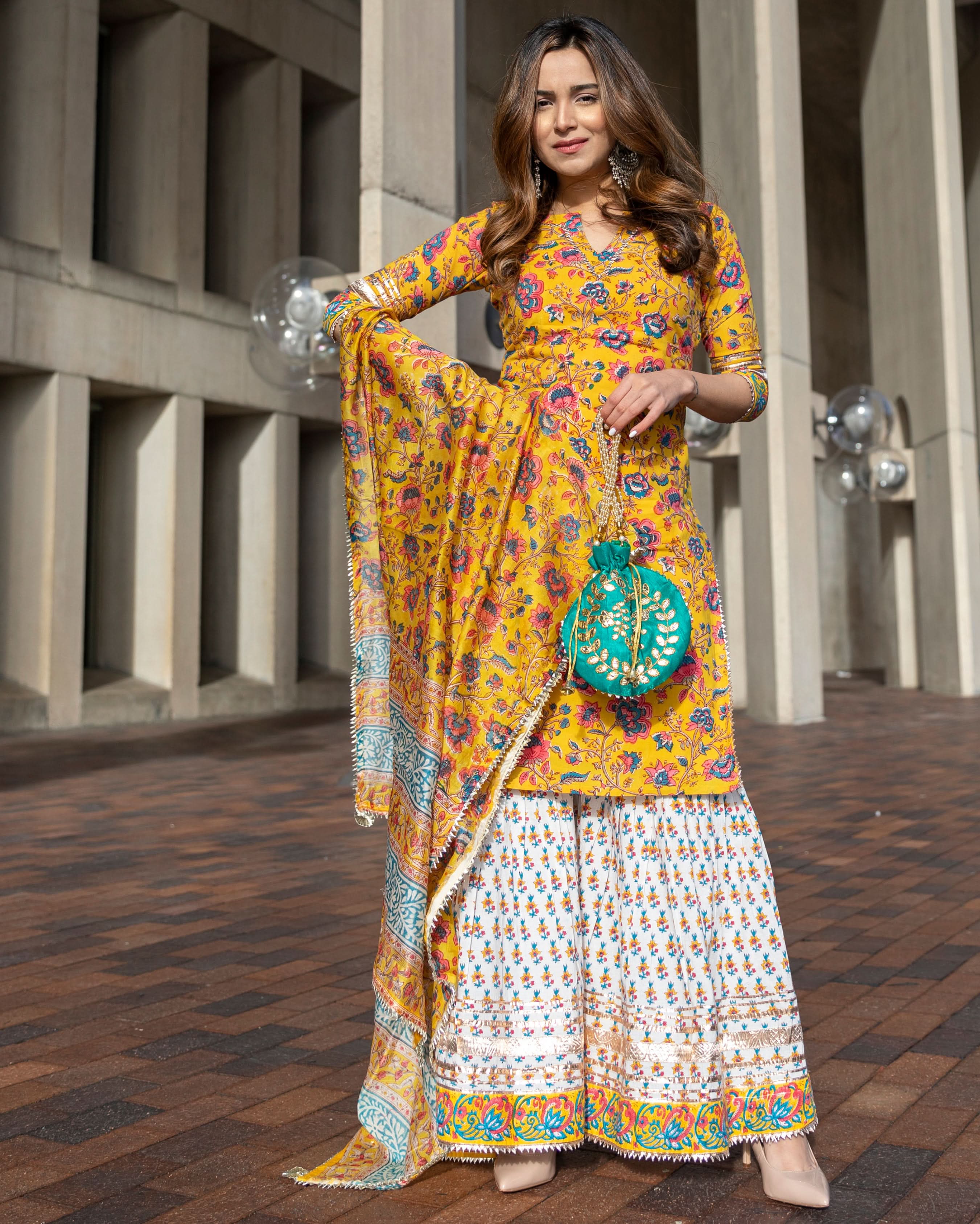 Yellow Goldfinch Handblock Sharara Set - Image 4