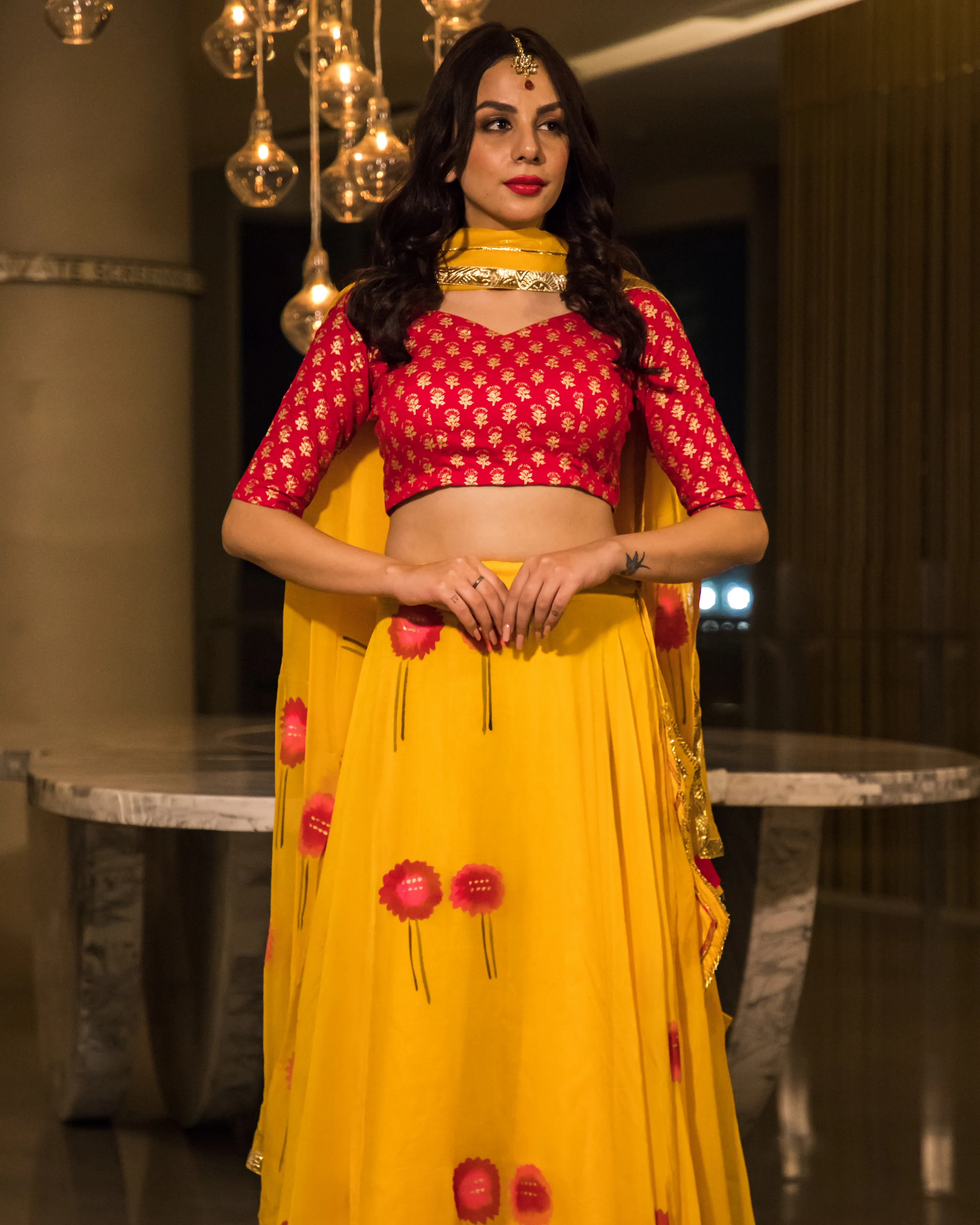 Yellow Organza Handpainted Lehenga Set - Image 2