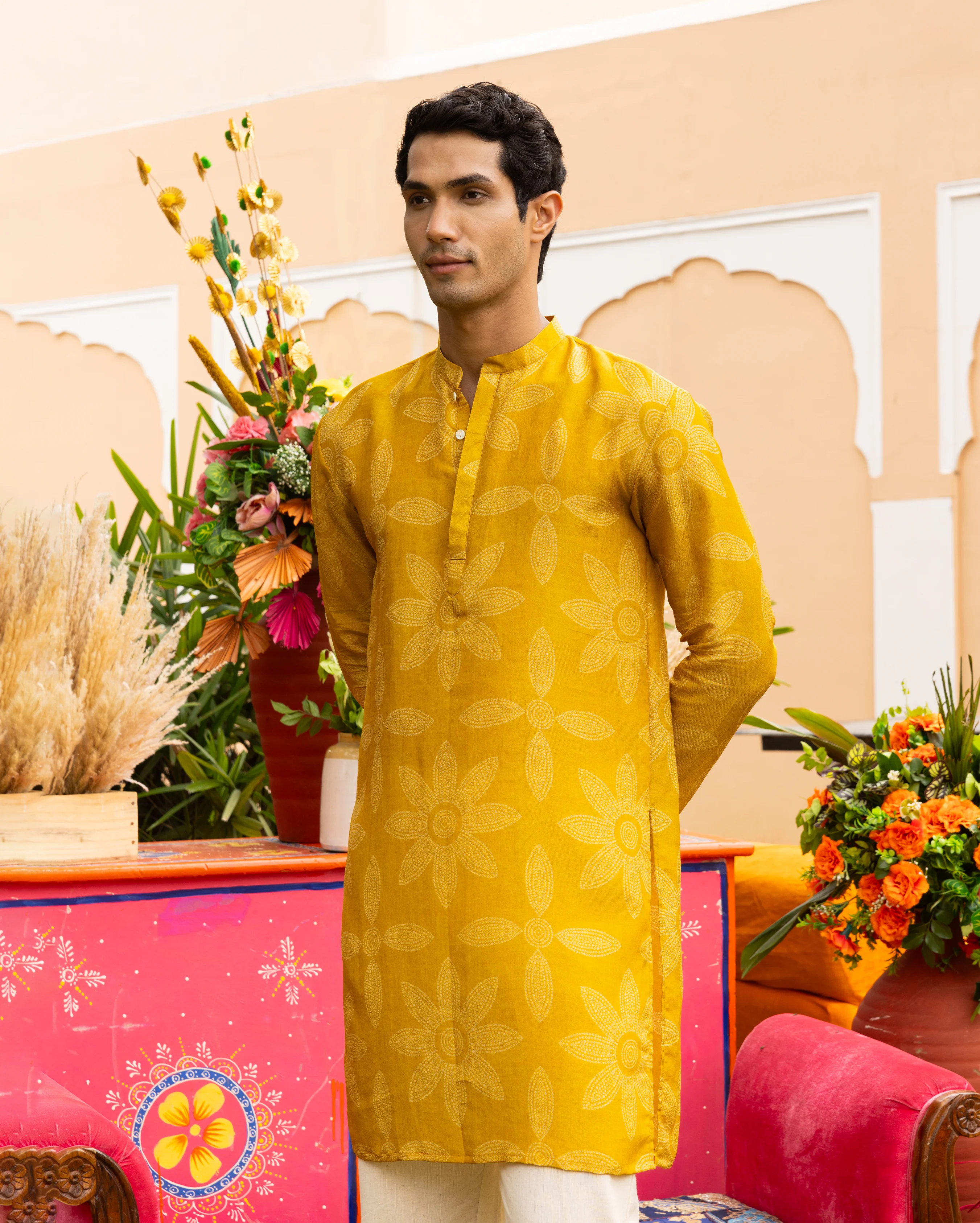 Yuvan Yellow Bandhani Chanderi Kurta - Image 4