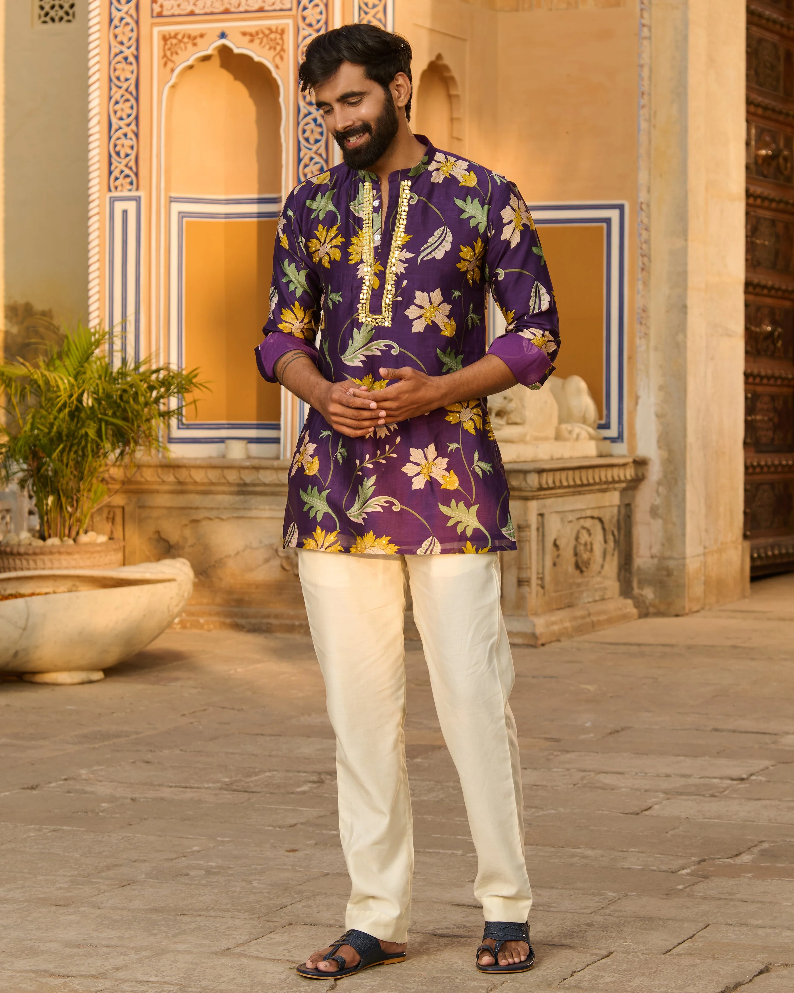 Yuvraj Purple Printed Chanderi Kurta - Image 3