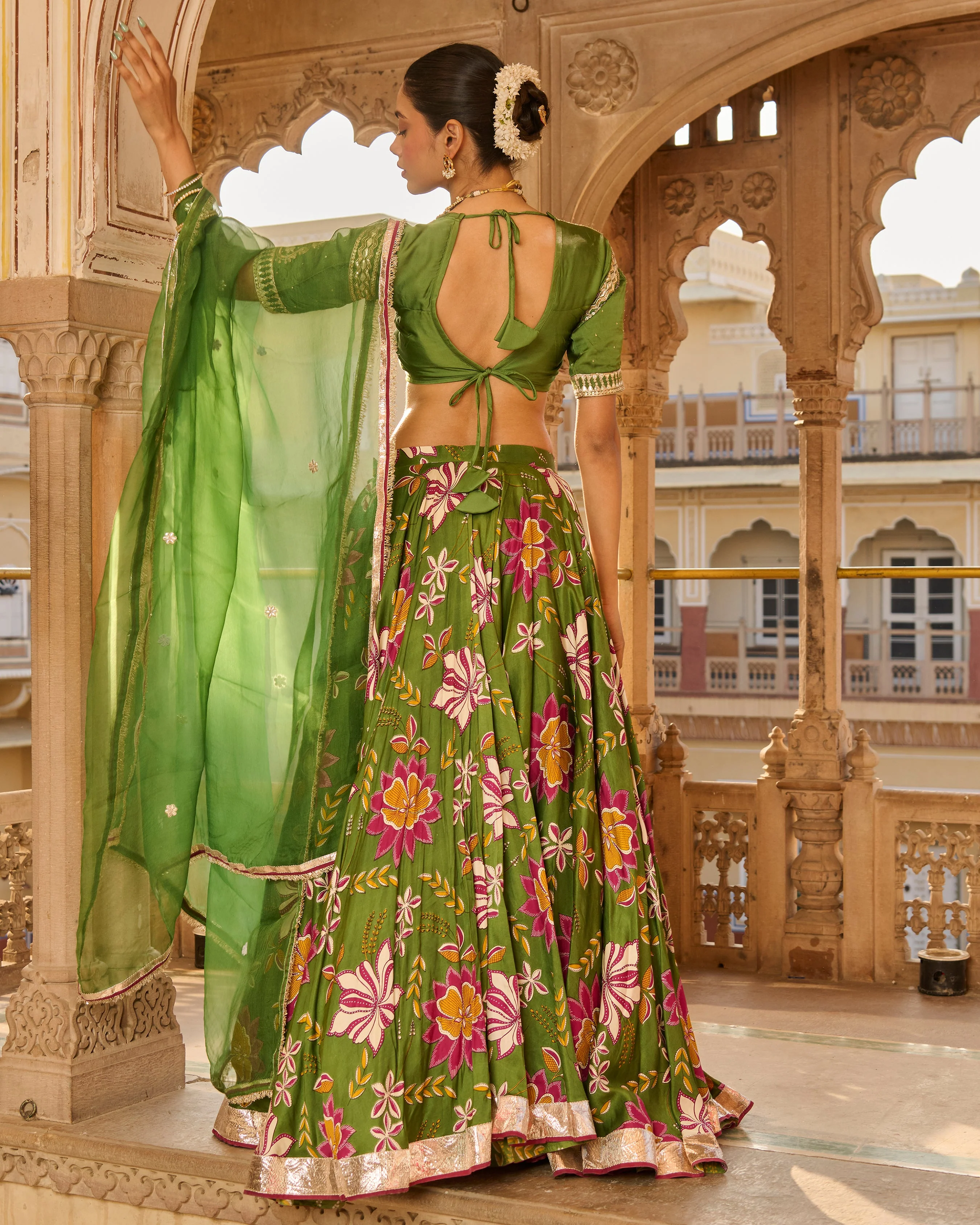 Zara Green Printed Satin Lehenga Set - Image 10