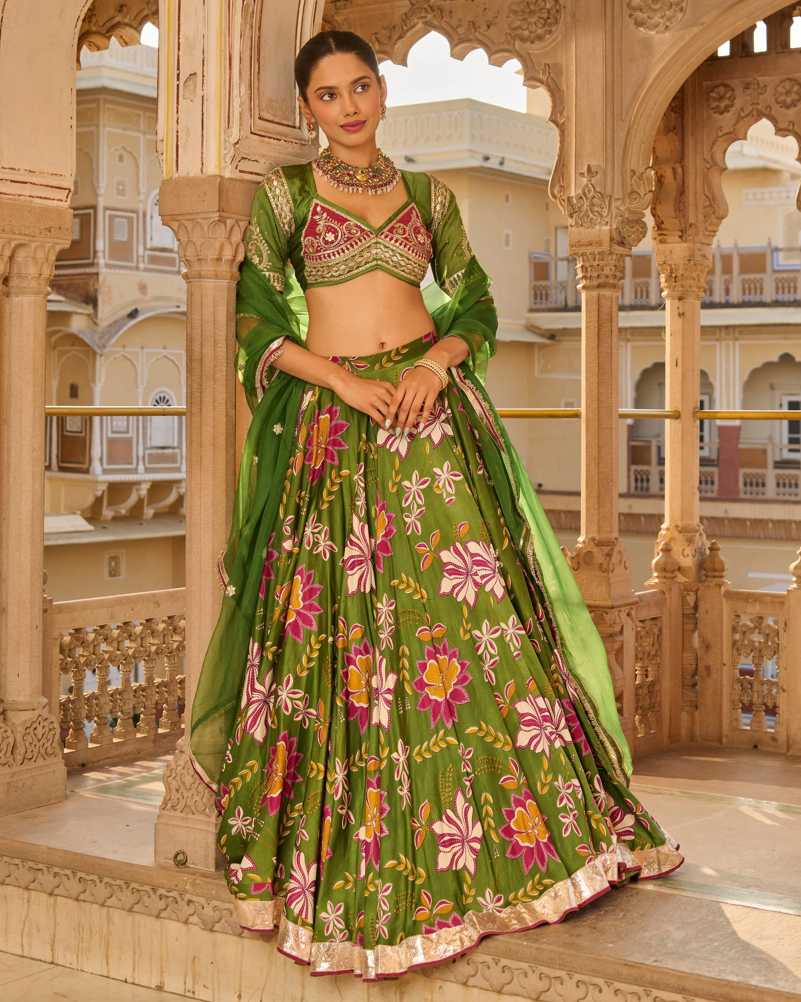 Zara Green Printed Satin Lehenga Set - Image 3