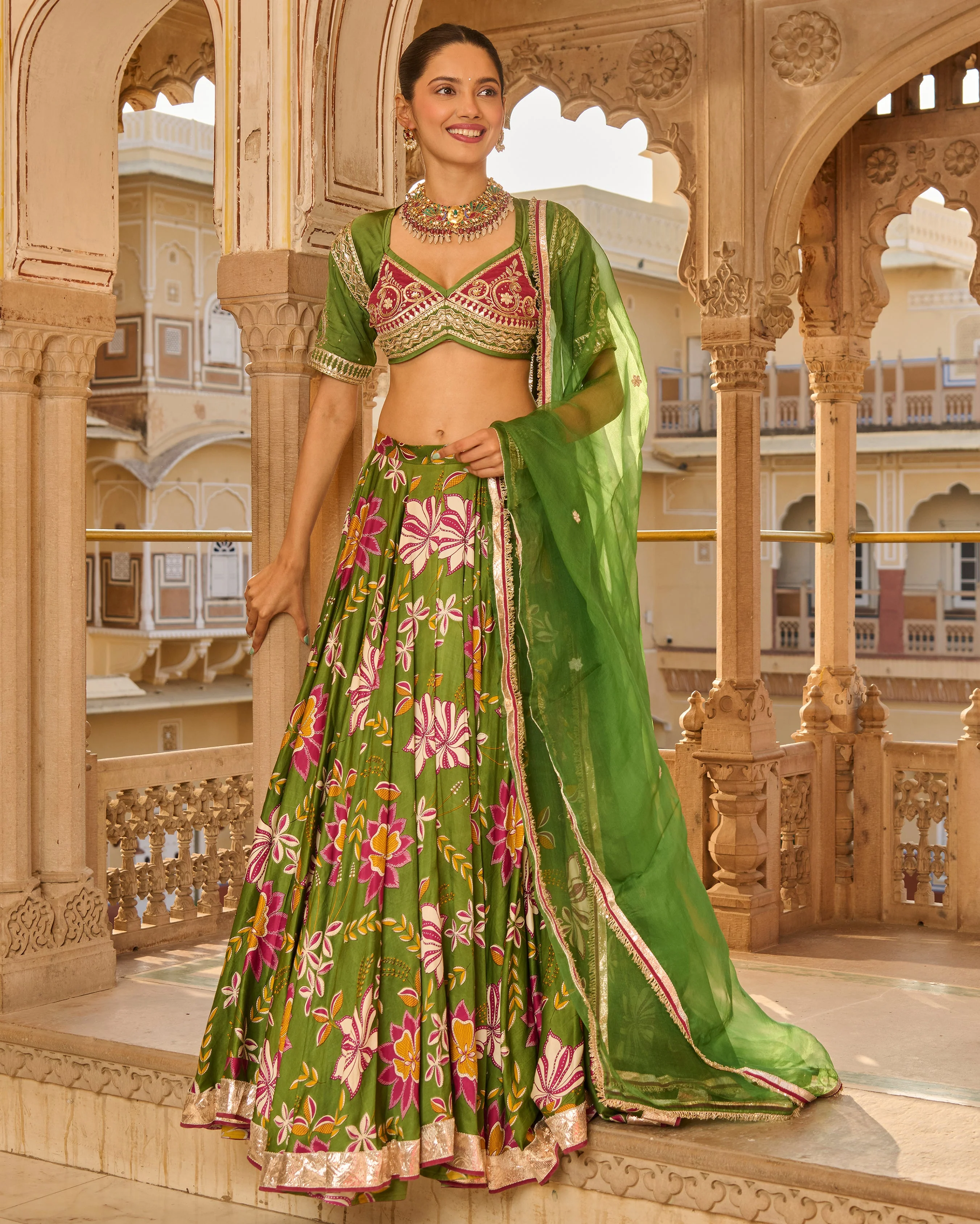 Zara Green Printed Satin Lehenga Set - Image 9
