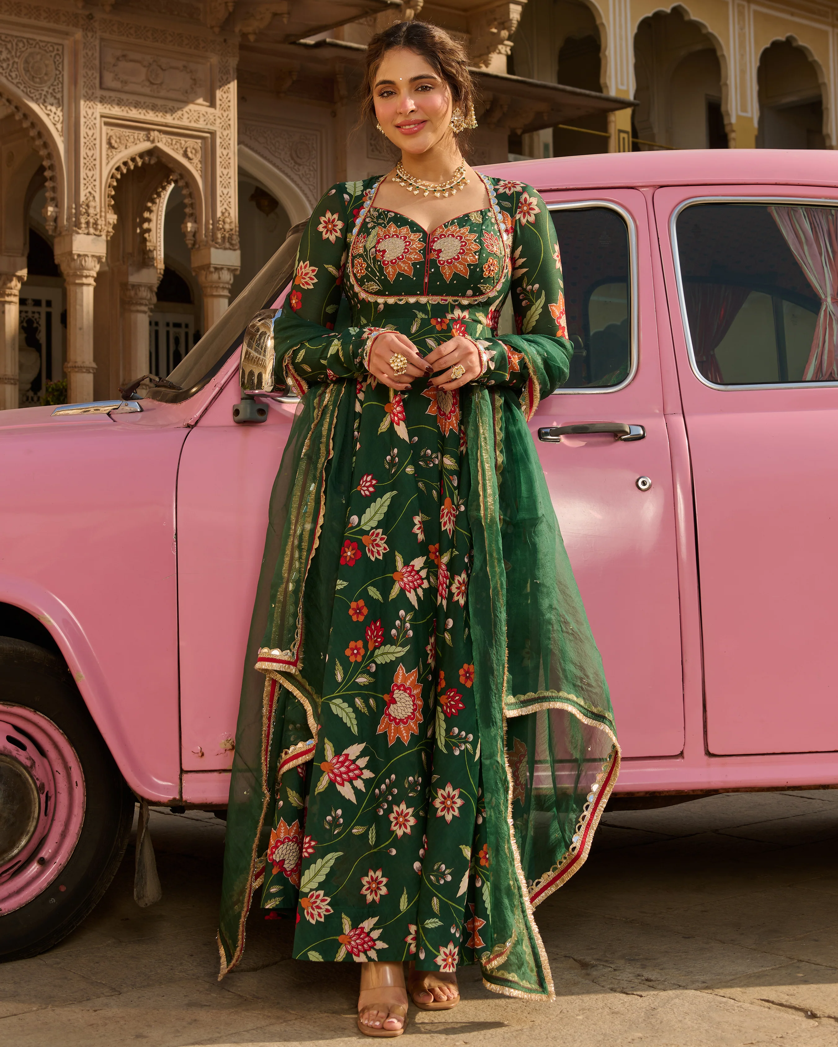 Zehra Green Printed Chanderi Suit Set - Image 2