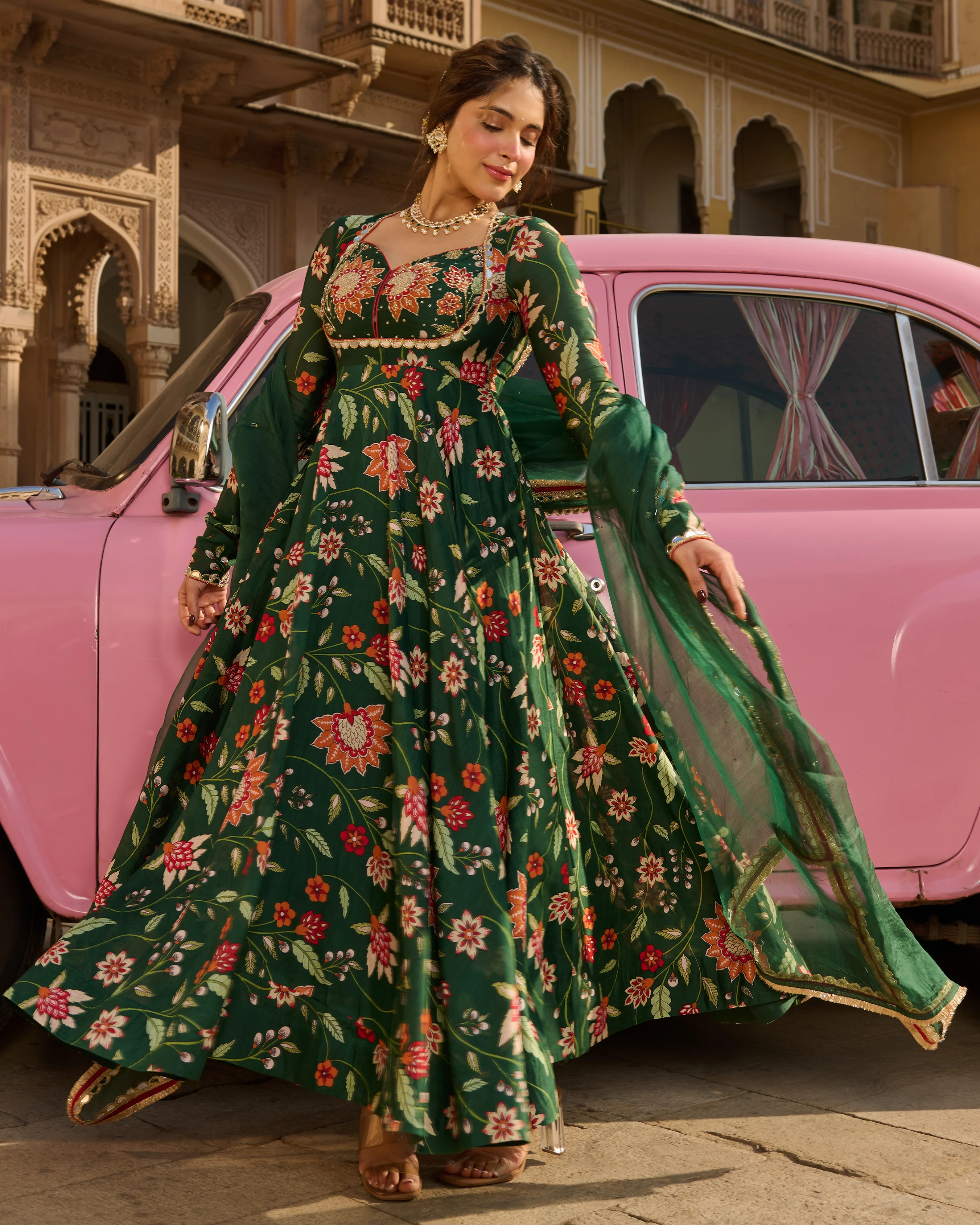 Zehra Green Printed Chanderi Suit Set - Image 3