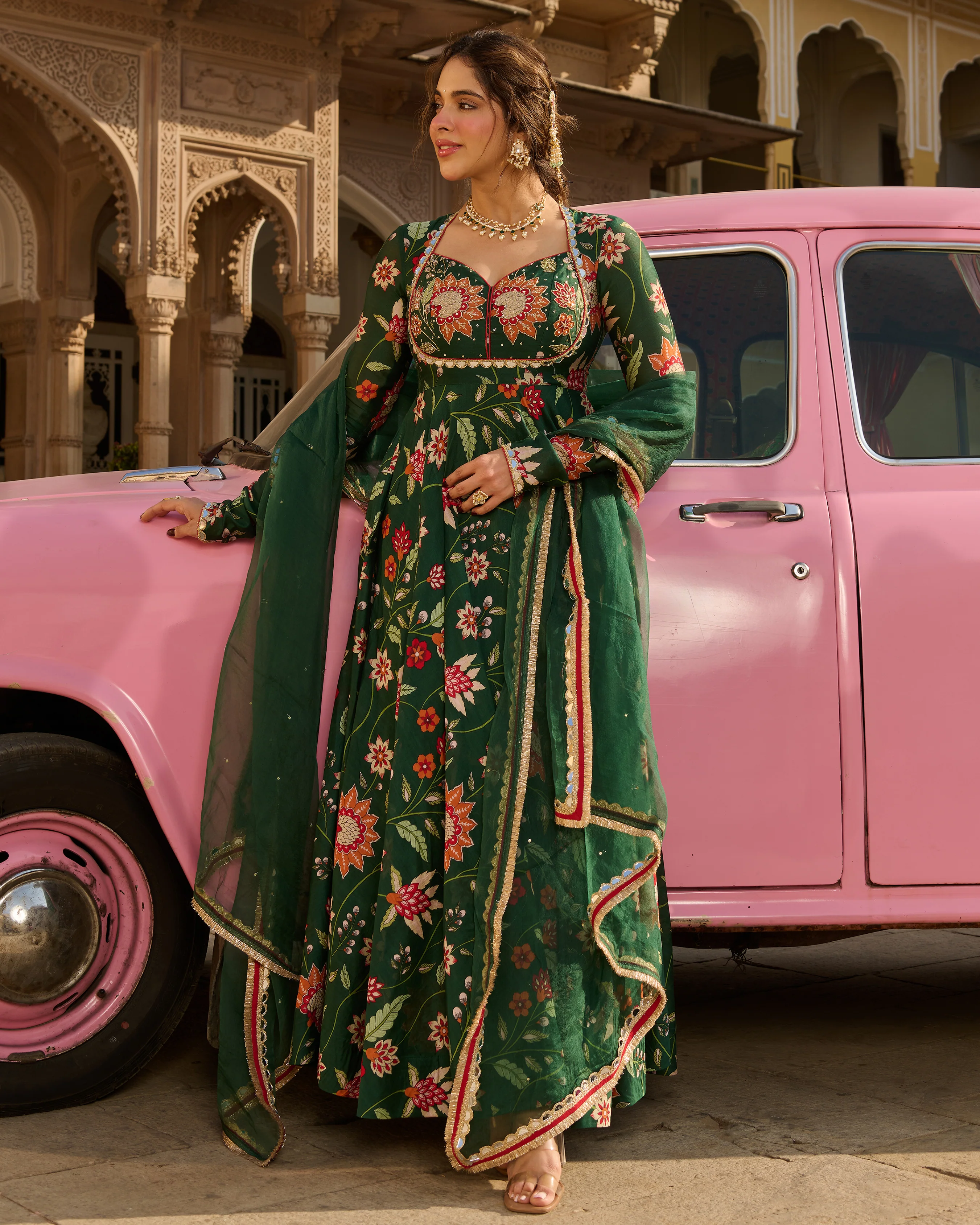 Zehra Green Printed Chanderi Suit Set - Image 4