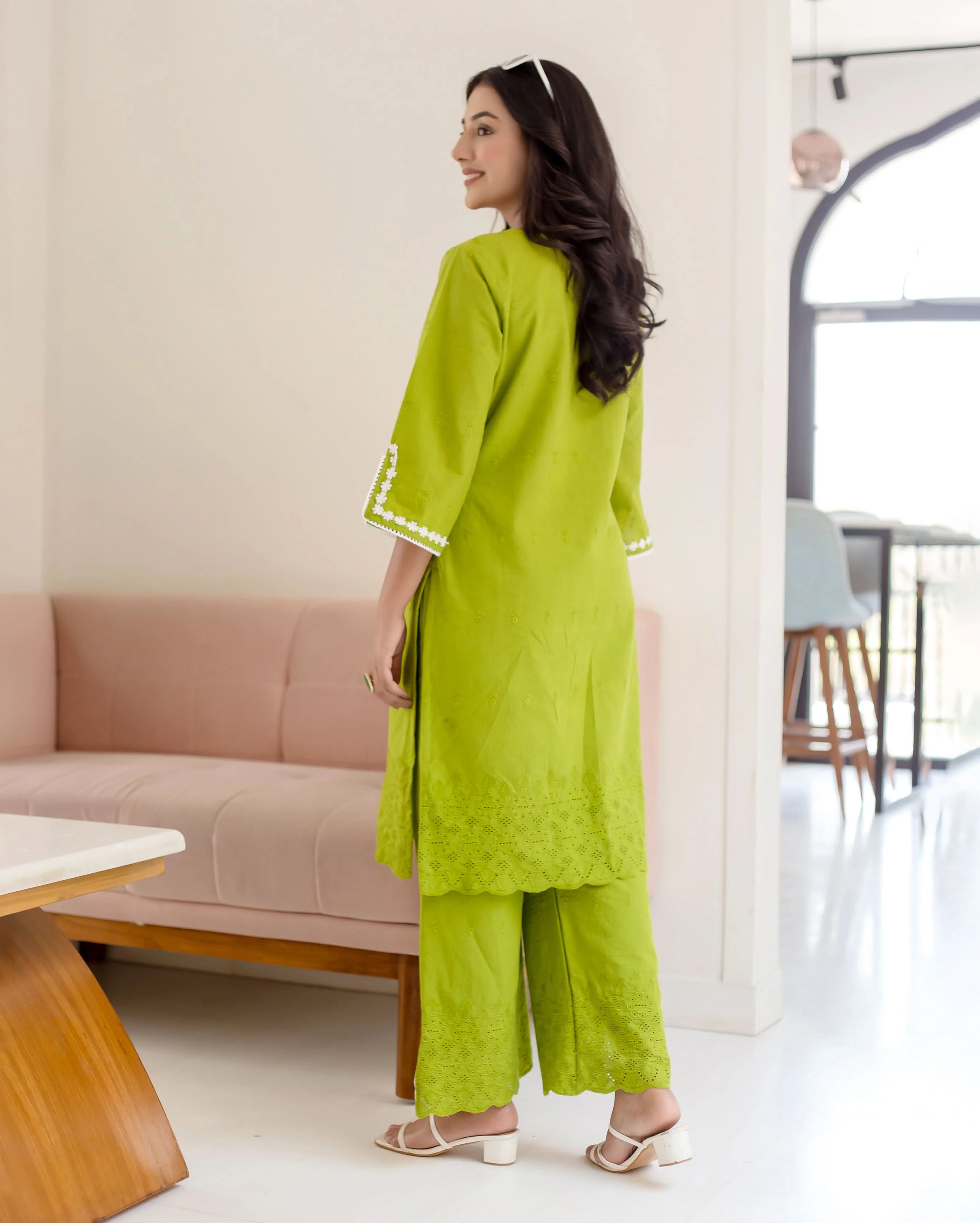 Zinnia Parrot Green Solid Cotton Schiffli Coord Set - Image 5
